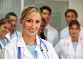 female doctor smiling in a hospital with her team behind