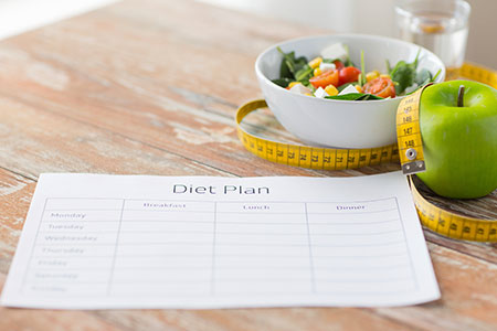 bowl of fruit with a diet plan calendar